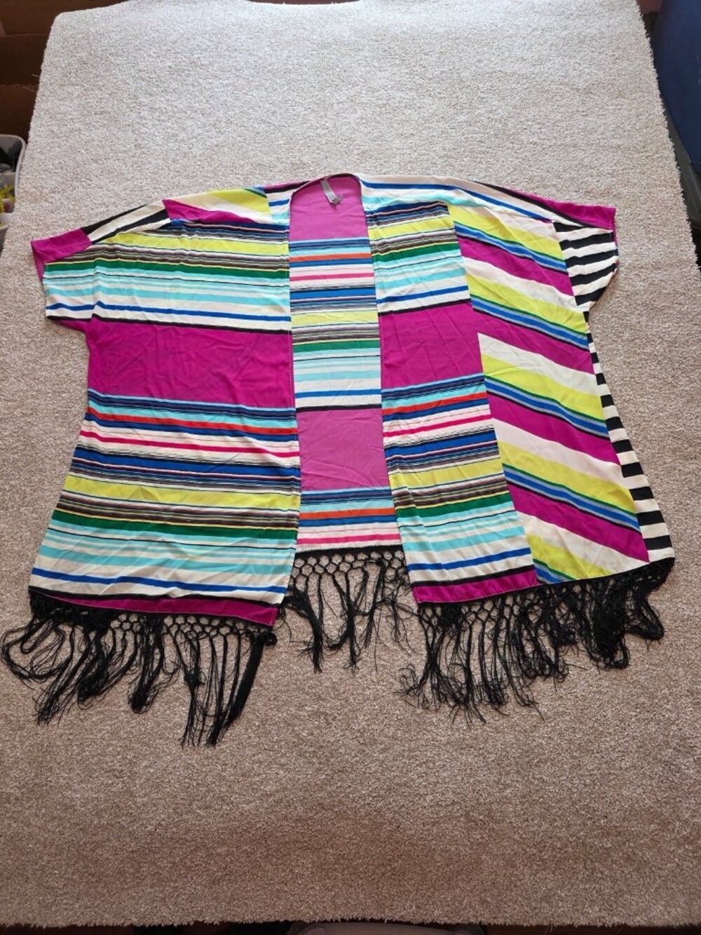 Melissa McCarthy Seven7 Multicolor Striped Fringe Open Front Kimono Cardigan 1X